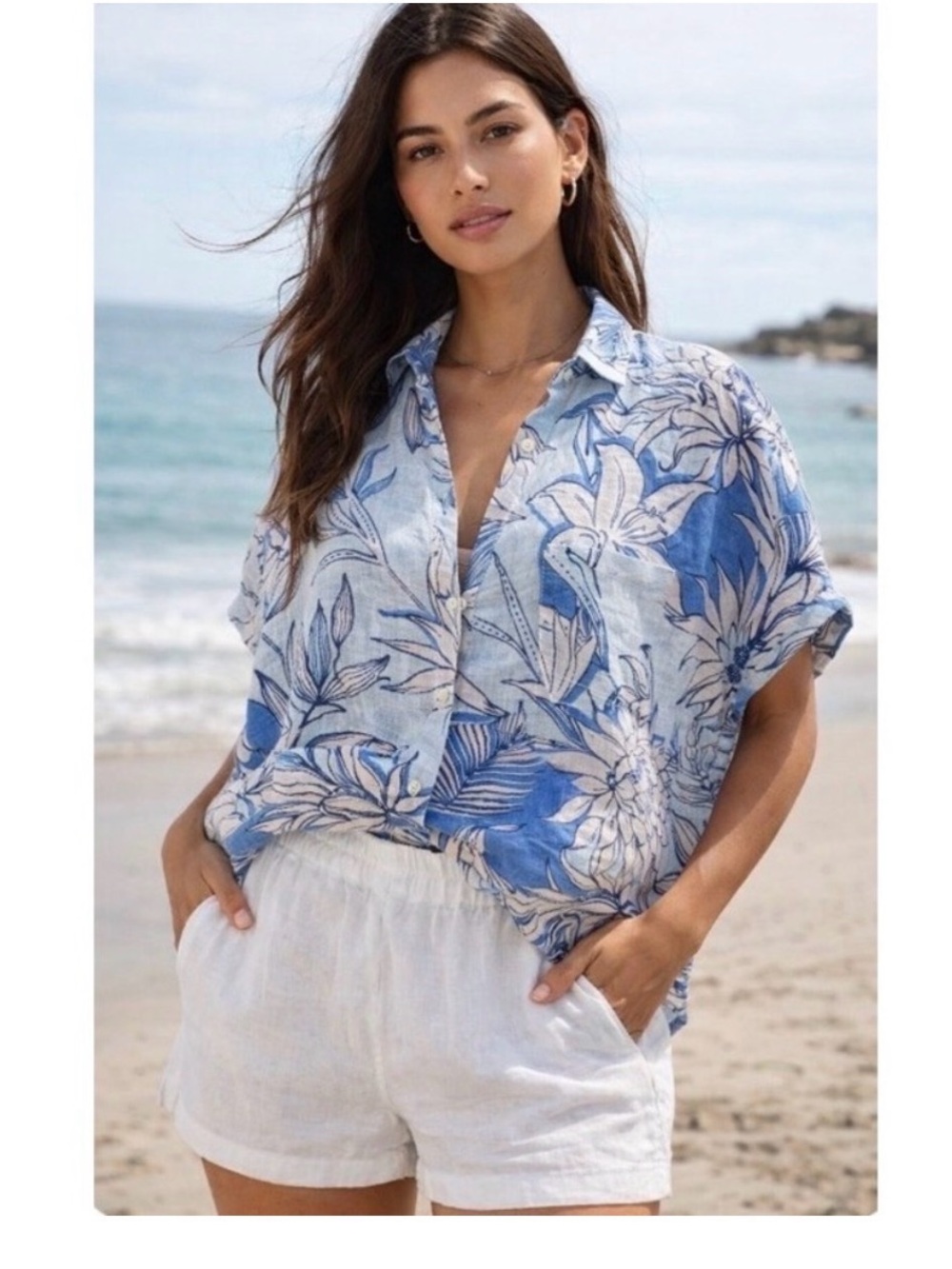 Halston Heritage Blue Floral Linen Button-Down Top